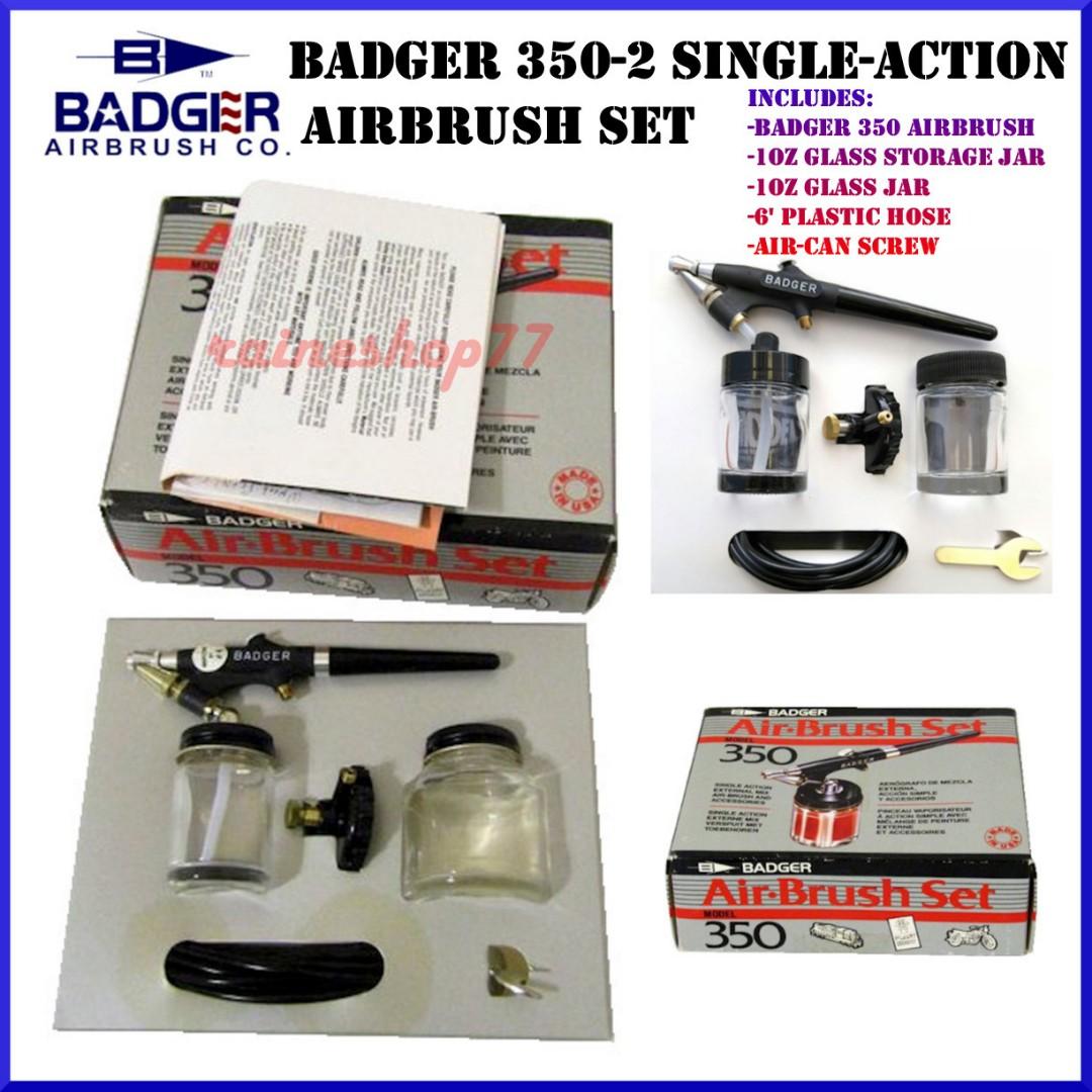 Badger 350-2 Airbrush Kit (Category: Craft Supplies & Tools) located in Manila. Submitted by raineshop77 (Listing ID 243077342, Image 1). Description: Set contains: 350 airbrush ( size #2 ) with attachable jar, additional jar with cover, vinyl air hose, propel regulator, wrench for needle assembly and instruction manual. The Model 350 single action, external mix, bottom feed airbrush. Superb for base coating, stenciling, stippling, touch up proje