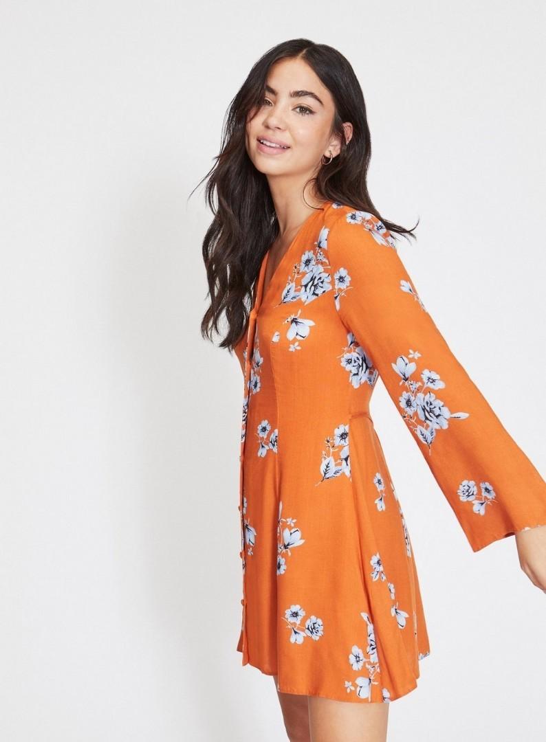 New Miss Selfridge Petite Burnt Orange Floral Button Down Dress UK 10