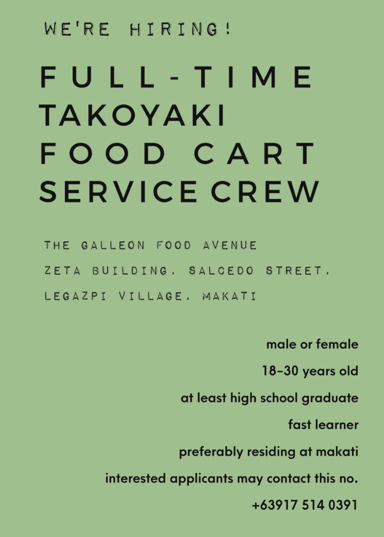 Takoyaki Food Cart Attendant MAKATI, Jobs & Opportunities, Others on Carousell