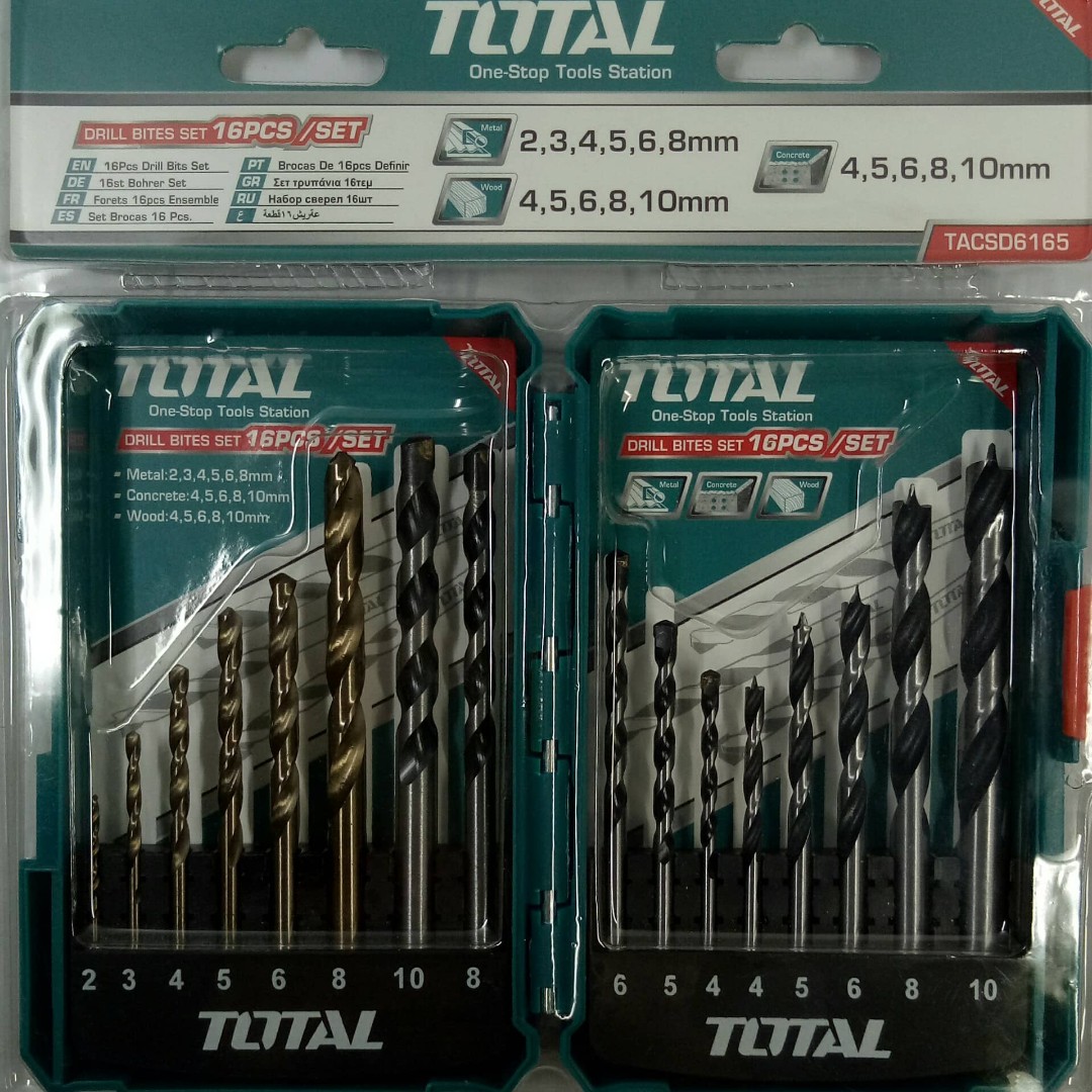 Total 16 Pieces Drill Bit Set for Metal Concrete Wood TACSD6165 (Silver