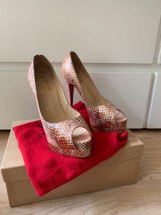 Louboutin Lady Peep pink python platform heels