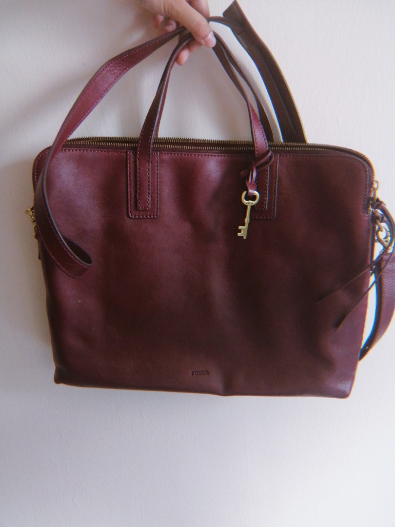 FOSSIL SYDNEY Burgundy Wine Leather SHOPPER TOTE Shoulder Handbag Carryall  Purse - Tatem Telecom