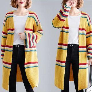 Colorblock striped sweater autumn long print outside woolen cardigan
