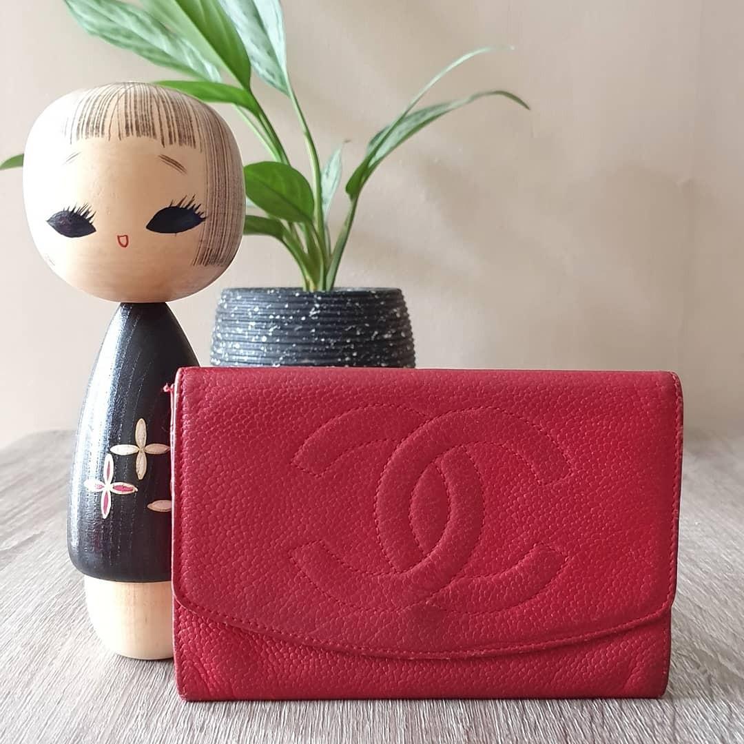 Authentic Vintage Chanel Timeless Caviar Medium Wallet Dark Red