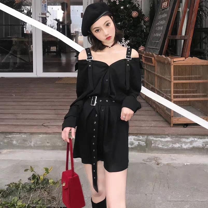 black off the shoulder shirt dress