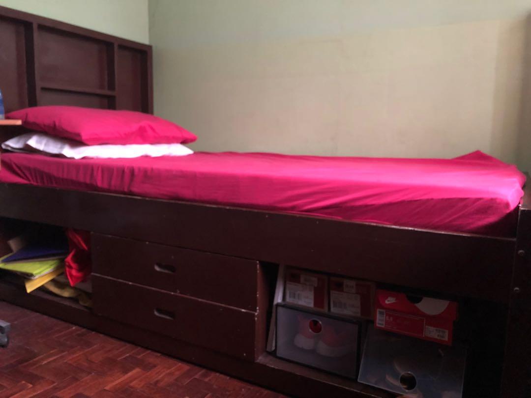 Solid wood single bed with drawers bed frame (with mattress), Furniture