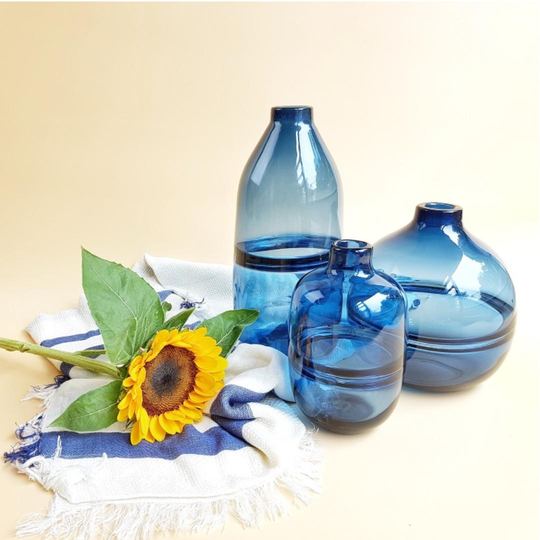 Thick Clear Blue Glass Flower Vase Modern Display Decor Home