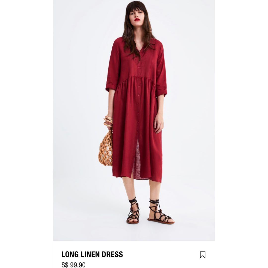 ZARA Long Red Linen Dress, Women's 
