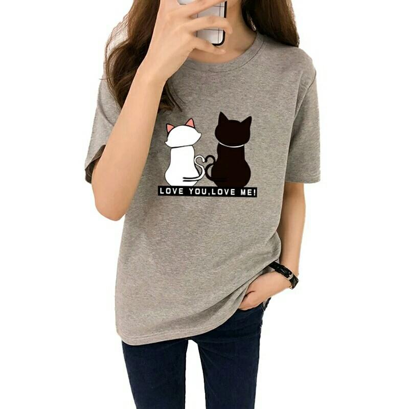 Girl Causal Summer Women T Shirt Two Cats Print T Shirts Women