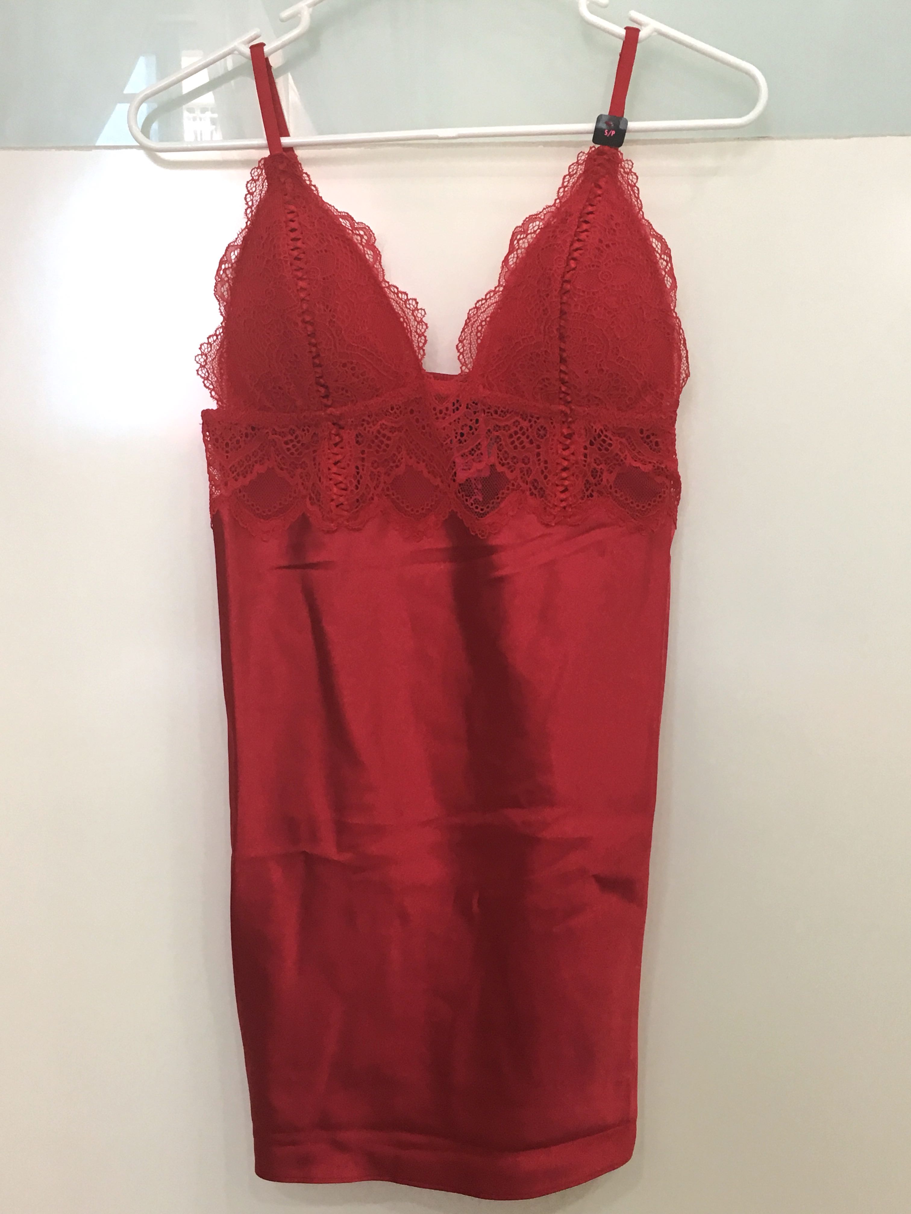 La Senza Red Lace Satin Chemise Lingerie Sleepwear, Women's