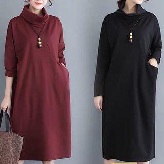 (M~2XL) Solid color high neck dress autumn new style large size temperament slim casual comfortable wild three-dimensional pocket bottoming skirt