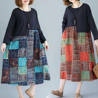 (M~2XL) cotton and linen stitching floral skirt loose high waist geometric lattice irregular long sleeve dress