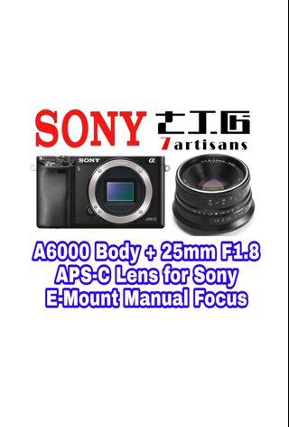 Sony A6000 Body + 7 Artisans 25mm F1.8 APS-C Lens for Sony E-Mount Manual Focus