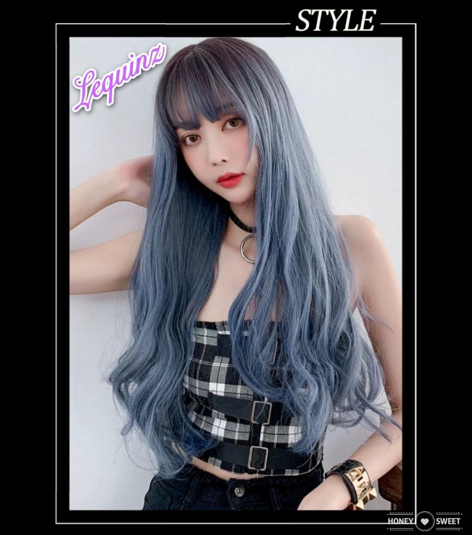Instocks Ombre Ash Blue S Curl Wavy Long Hair Wig Women S Fashion
