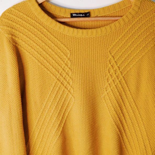 Mustard yellow knitted sweater ✨ (Category: Coats, Jackets and Outerwear) located in Manila. Submitted by decluttermanila07 (Listing ID 243734518, Image 2). Description: Used a couple of times but still looks new 💗 Sweaters are comfier if they're bigger! Hehe.