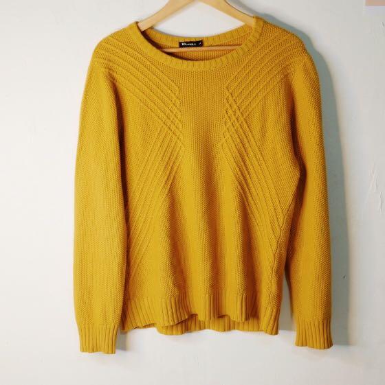 Mustard yellow knitted sweater ✨ (Category: Coats, Jackets and Outerwear) located in Manila. Submitted by decluttermanila07 (Listing ID 243734518, Image 1). Description: Used a couple of times but still looks new 💗 Sweaters are comfier if they're bigger! Hehe.