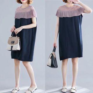 Plus Size contrast color mesh polka dot bottoming skirt summer and autumn new loose short-sleeved stitching ruffled pleated dress
