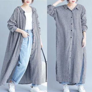 Plus Size Long Plaid Shirt Women's Autumn New Retro Casual Joker Long Sleeve Side Split Cotton Cardigan