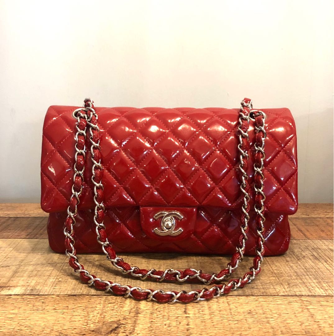 Authentic Chanel 10 Inch Classic Double Flap in Red Patent Leather