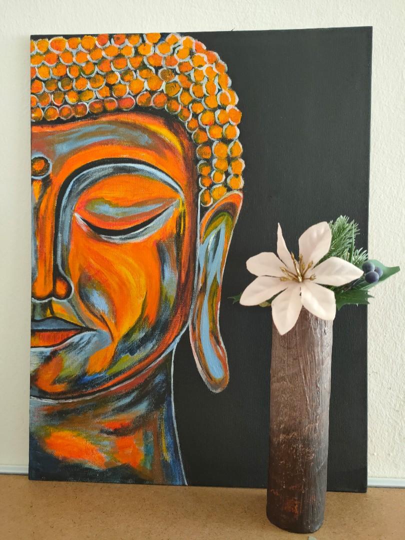 Buddha Acrylic Painting And Flower Vase Design Craft Art