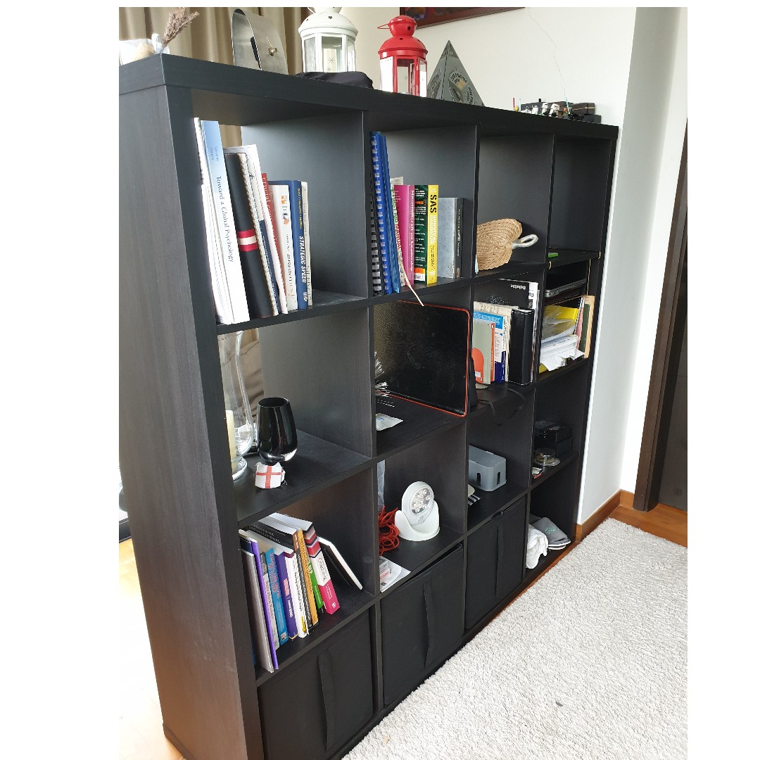 Ikea Kallax Shelving unit black-brown 147x147cm, Furniture & Home Living,  Furniture, Shelves, Cabinets & Racks on Carousell