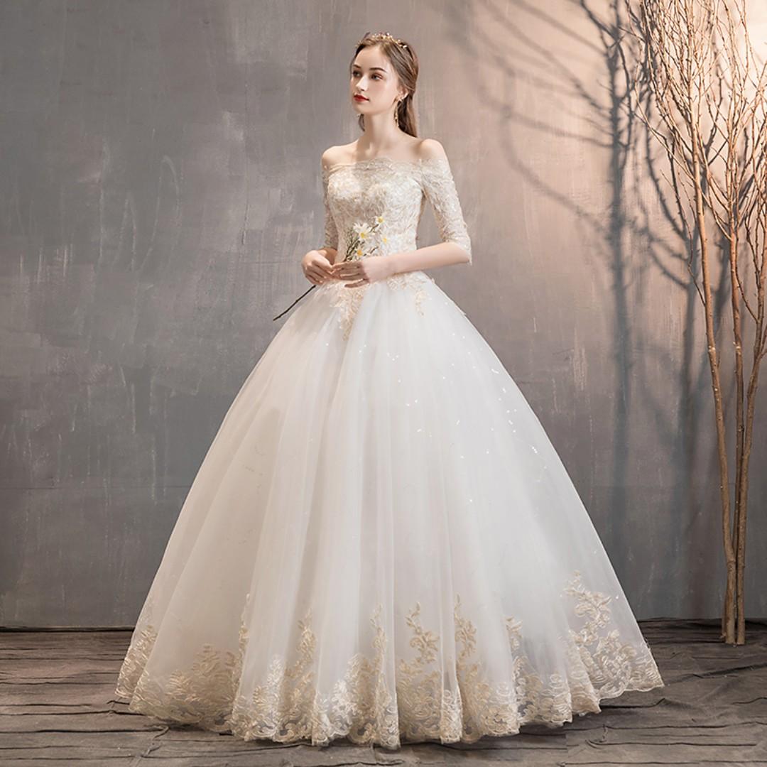 Gold and off white top wedding dresses