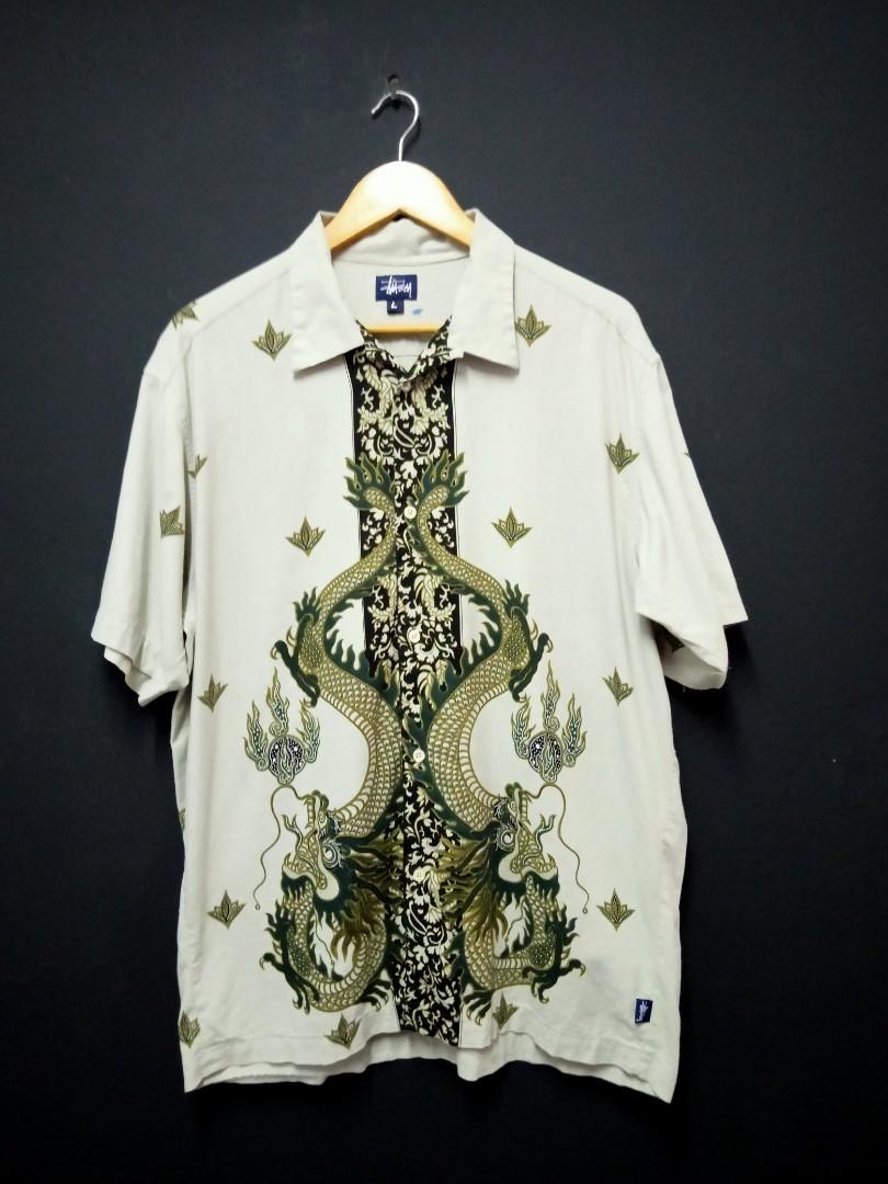 STUSSY DRAGON MOTIVE BUTTON UP SHIRT Men s Fashion Tops Sets