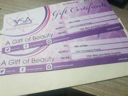 YSA skin and body experts gift certificate