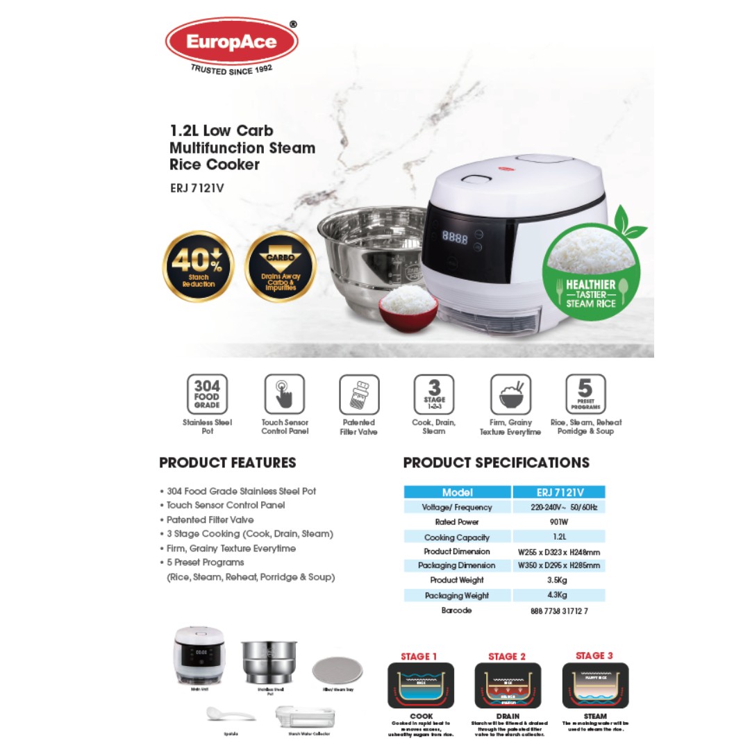 EUROPACE ERJ 7121V 1.2L LOW CARB MULTIFUNCTION STEAM RICE COOKER, TV ...