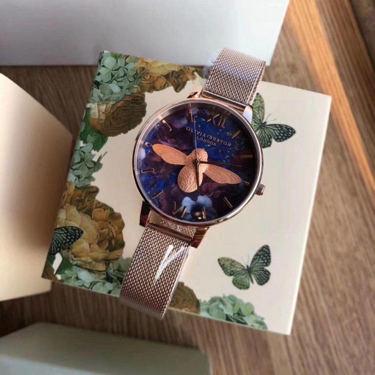 Olivia Burton Big Dial 3D Bee Lapis Lazuli Rose Gold Boucle Mesh