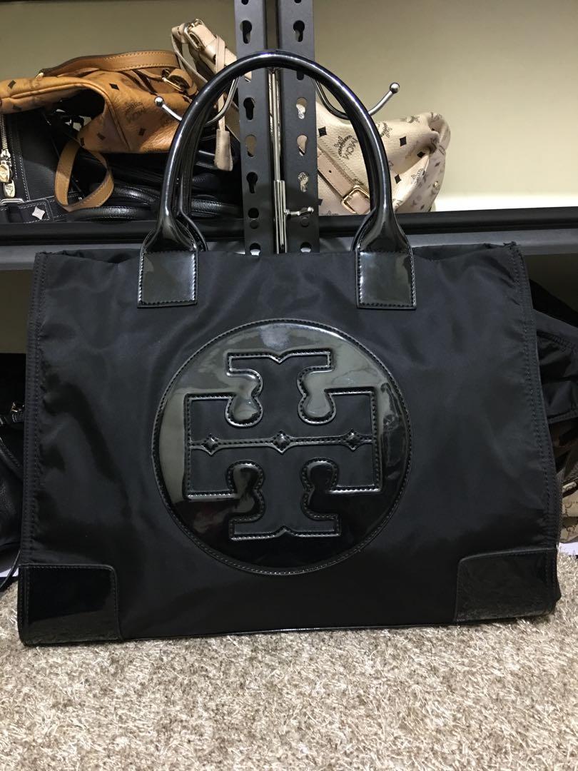 Tory Burch Ella Large Tote Black Nylon Patent Leather, Luxury, Bags &  Wallets on Carousell