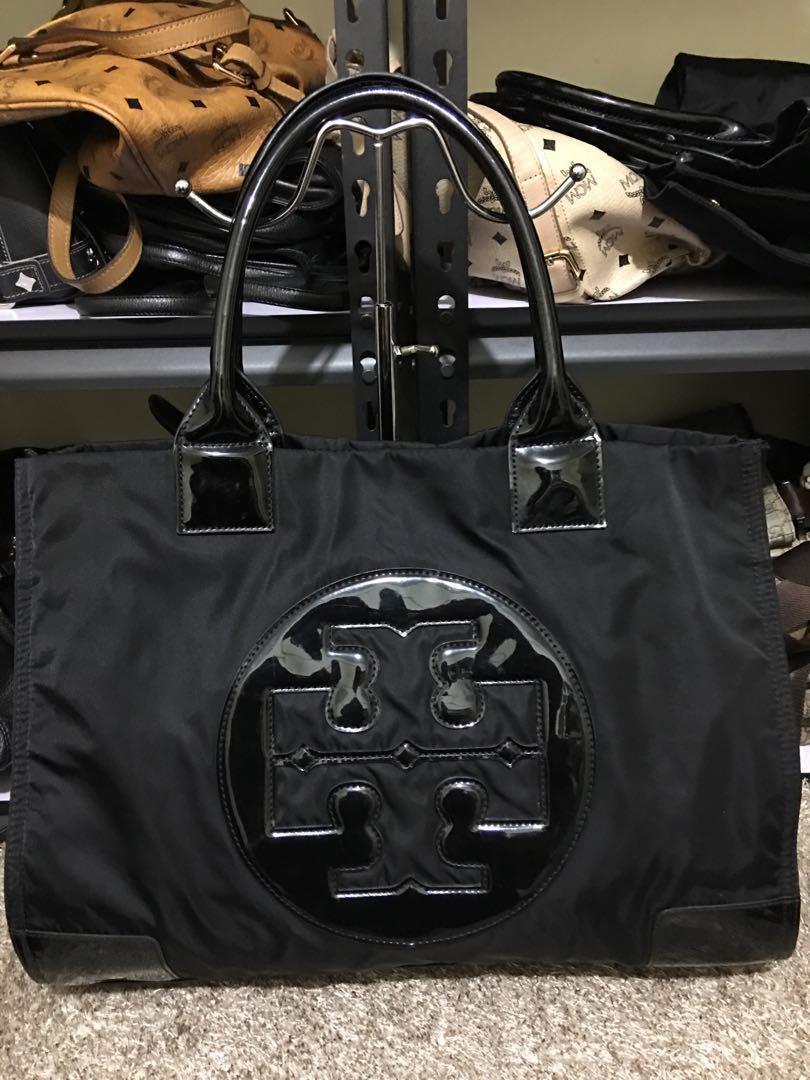 Tory Burch Ella Large Tote Black Nylon Patent Leather, Luxury, Bags &  Wallets on Carousell