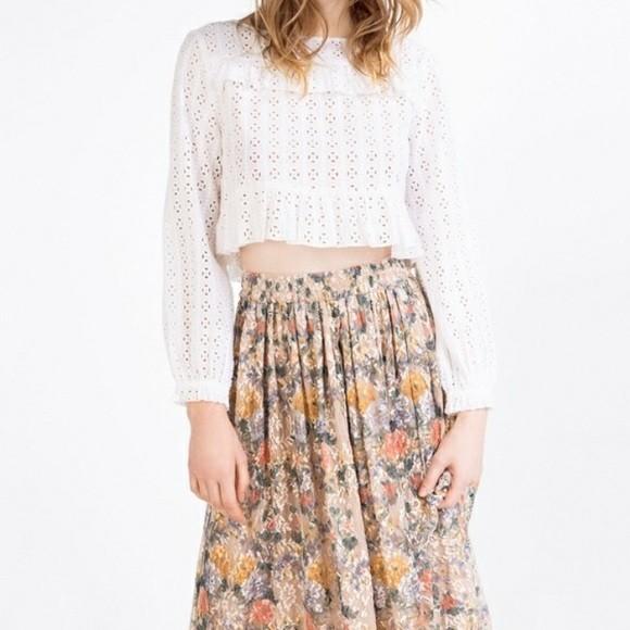 Zara white eyelet long sleeve crop top 