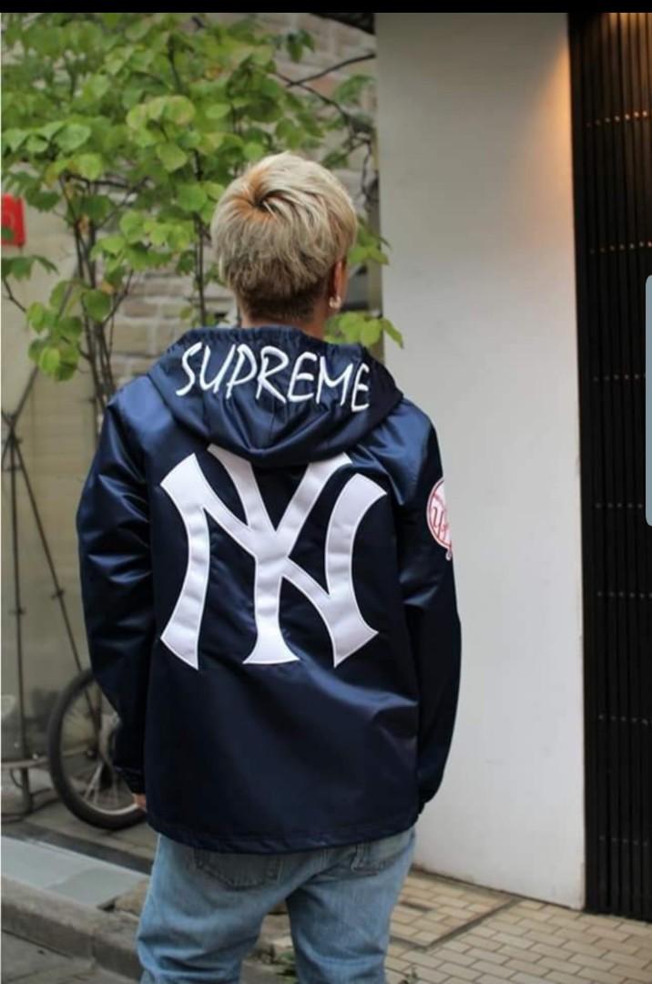 Supreme Yankees Satin Hooded Jacket Navy 15ss, 男裝, 外套及戶外