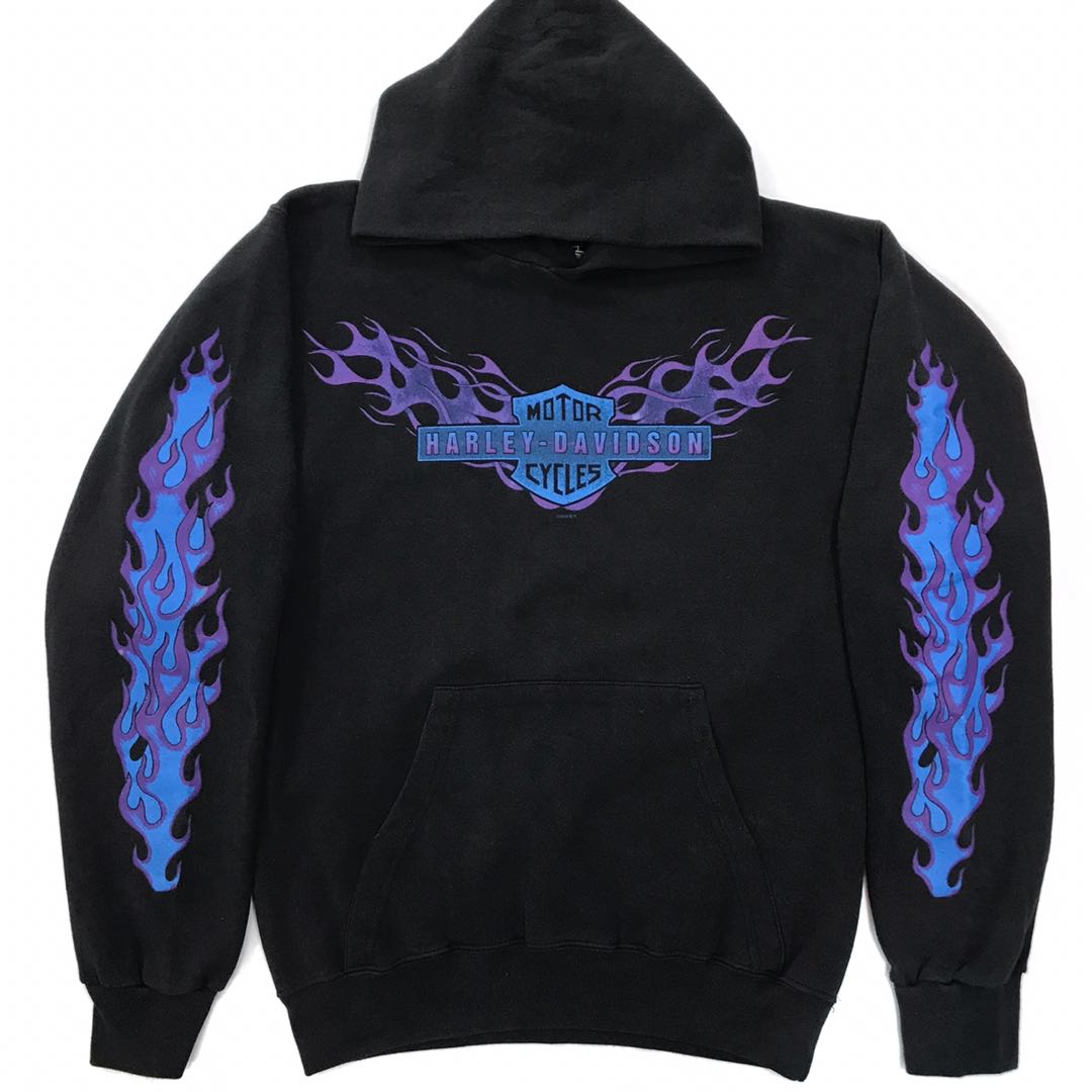 Vtg Harley Davidson Blue Purple Flame 90 s Hoodie Men s Fashion