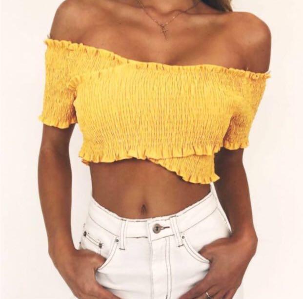 off the shoulder yellow crop top