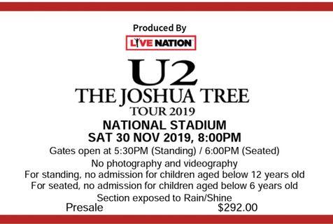 Two U2 Singapore tickets - November 30, 2019