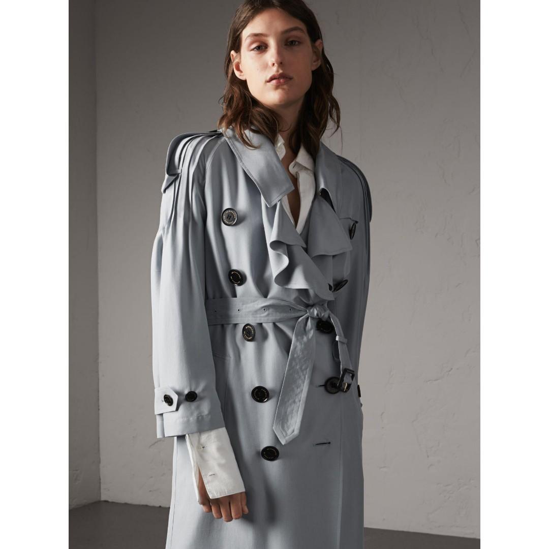 Reduced Burberry Silk Trench Coat Ruffle Detail Pale Slate Blue
