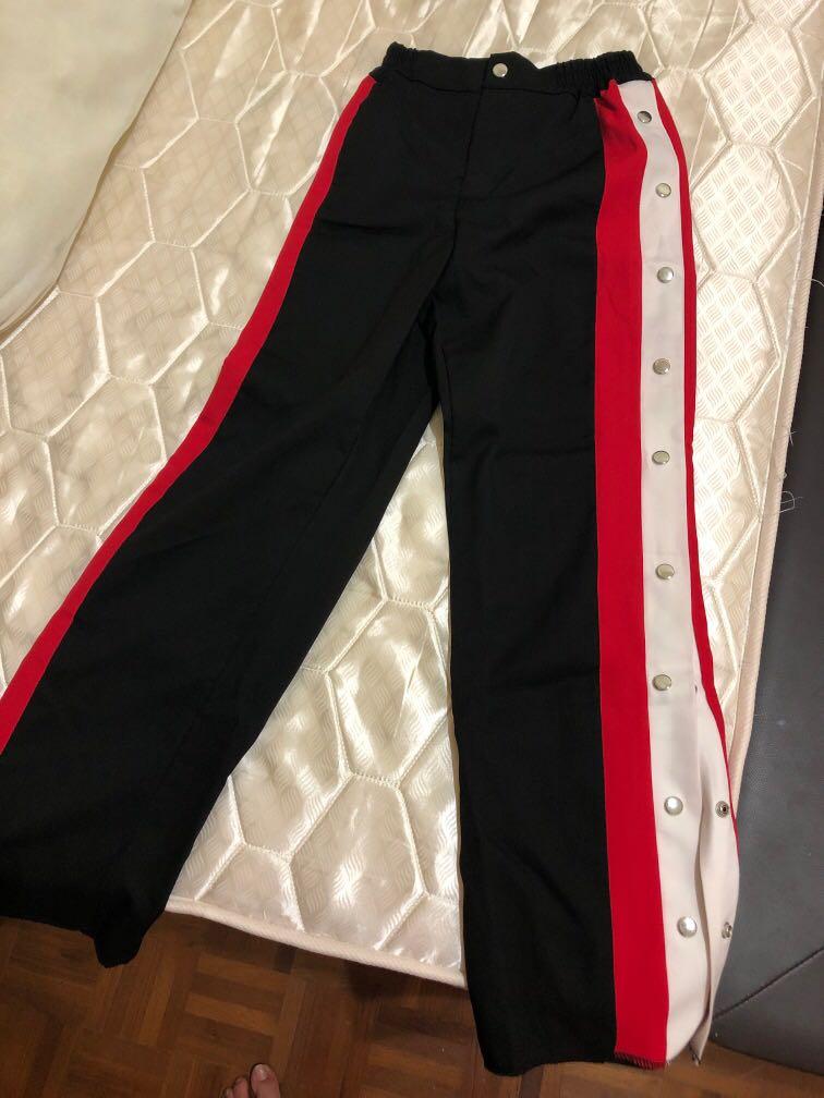 Red white black stripes slit open button pants Women s Fashion