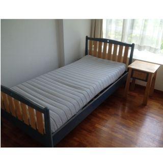 Single bed, bedside table and mattress