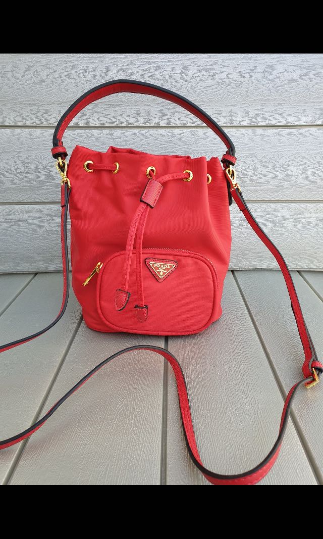 prada red bucket bag