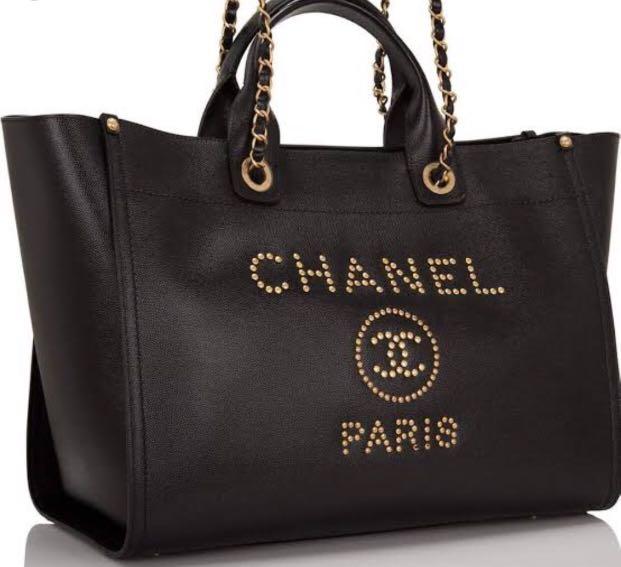 Chanel deauville leather tote bag in metal stud words GOLD hardware and  black caviar leather Large size, Luxury, Bags & Wallets on Carousell