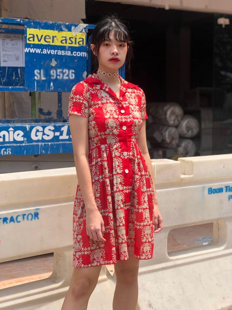 Vintage 1950s red cotton shirt dress Women s Fashion Tops