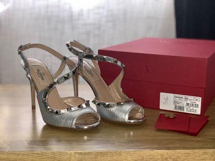 Authentic Valentino Silver Rockstud Asymmetric Metallic Sandal Pumps