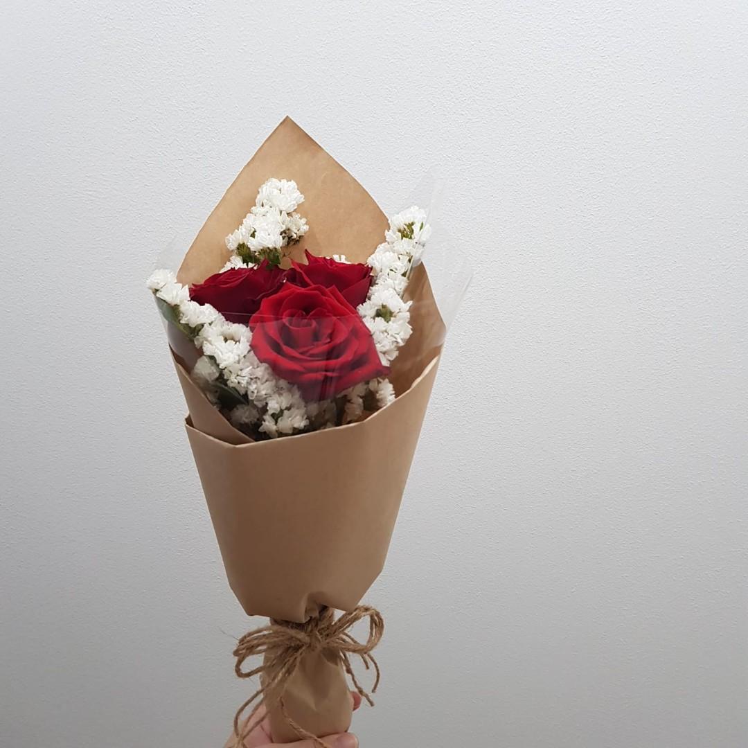 Cheap Af Out Of Stock 8 Only 3 Red Stalk Rose With Cream Statice Flower Bouquet In A Slim Wrapping Gardening Flowers Bouquets On Carousell
