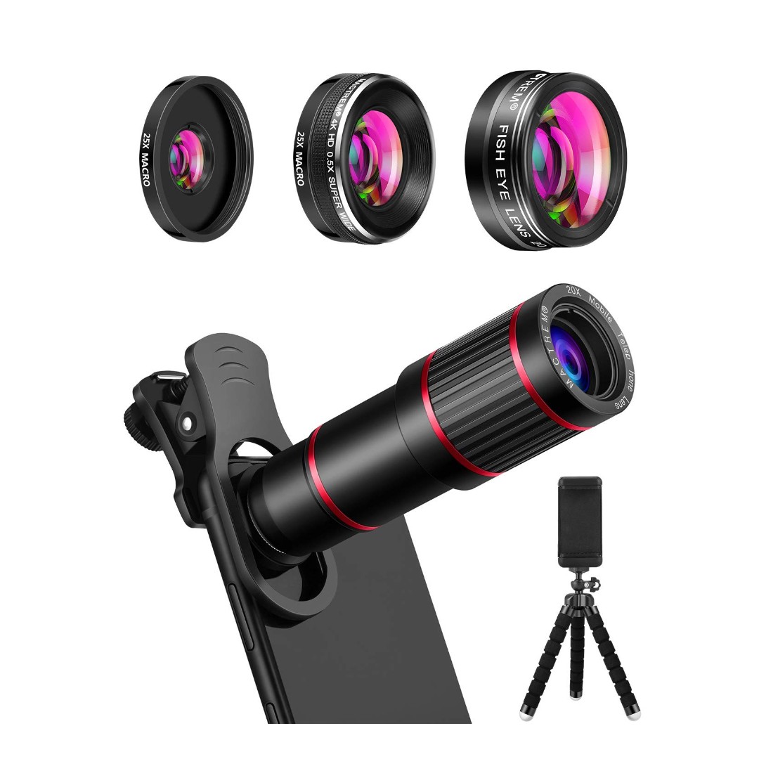 205° Fisheye Lens 0.5X Wide Angle Lens & 25X Macro Lens Compatible with iPhone 8 7 6 6s Plus X XS XR Samsung Phone Camera Lens Kit 9 in 1: 22X Telephoto Lens 