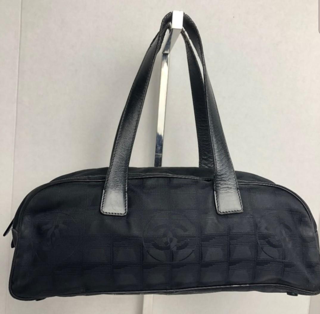CHANEL Black Nylon Jacquard Canvas Leather Trims Travel Line Shoulder Tote  Bag B