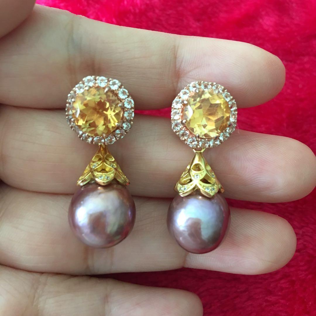 Detachable citrine with lavender pearl earrings. Luxury Accessories on Carousell
