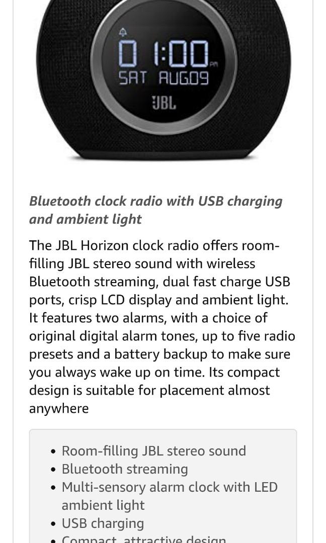 JBL Horizon Bluetooth Clock Radio with Usb Charging and Ambient Light