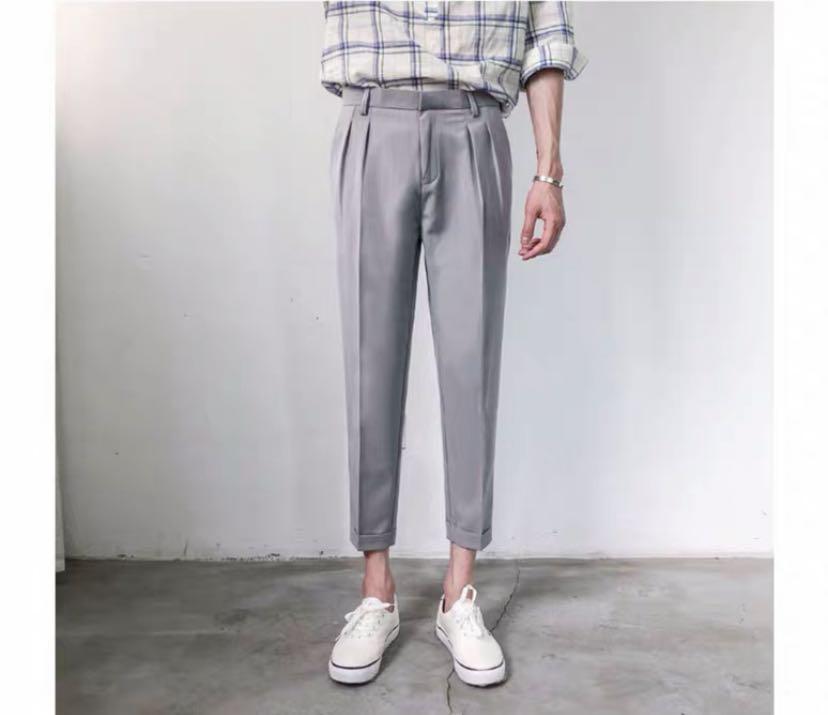 mens grey skinny cropped trousers